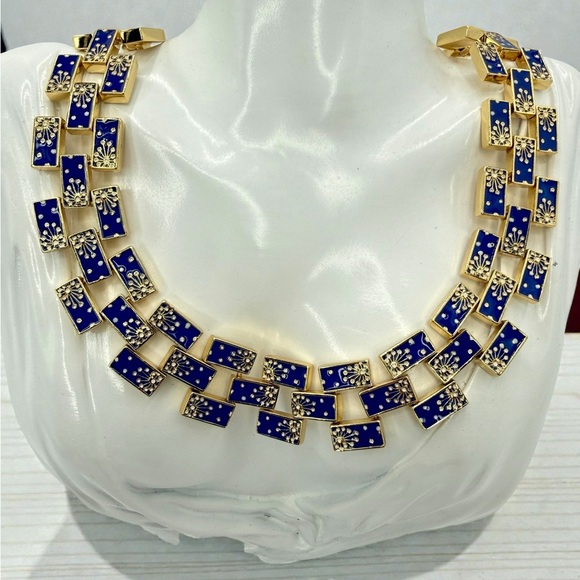 Rare Lulu Frost Signed Blue Enamel Gold Statement Necklace 17” Excellent Cond. - Picture 7 of 17